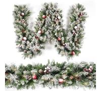Christmas Garland Flocked 9ft with 50 Lights, Christmas Decor with Pine Cone Red Balls & Berries 50 Light Timer for Mantle Staircase Indoor and Outdoor