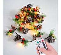 Christmas Garland Lights 6.56FT Holiday Prelit Garlands Pine Cone Red Berry Battery Operated with Remote Garland Wreath Xmas Decor Lights for Outdoor Indoor Christmas Tree Home Frontdoor Decorations
