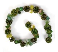 Christmas Garland Natural Pine Cone, Wooden Flowers & Emerald Green Baubles | Traditional Style, Mantelpiece, Windowsill, Banister, Garland