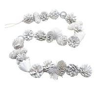 Christmas Garland Snow White Natural Dried Pine Cone, Silver Bauble & Wooden Roses Traditional Rustic Style Mantelpiece Windowsill Banister Garland Christmas Décor