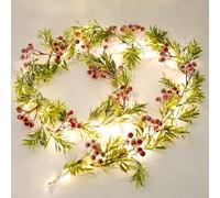 Christmas Garland with Light,Lighted Snowy Red Berries Holly Leaves Garland for Fireplace Mantle Indoor Outdoor Christmas Decoration 6.5FT Pre-lit Battery Operated Xmas String Lights 2 Pack
