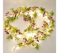 Christmas Garland with Light,Lighted Snowy Red Berries Holly Leaves Garland for Fireplace Mantle Indoor Outdoor Christmas Decoration 6.5FT Pre-lit Battery Operated Xmas String Lights 1 Pack