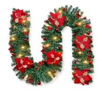 Christmas Garland with Lighting Decoration, 9Ft/2.7M Decorated Garlands with Flower Ball for Stairs Fireplace Wall Door Xmas Tree Garden Yard Outdoor Indoor Decor (Red)