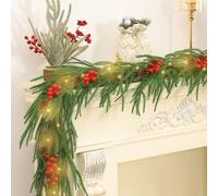 Christmas Garland with Lights 1.8M 6FT,Lighted Garland with LED Light String, Red Berry, Pine Cone, for Stairs, Front Door, Mantle Decoration, New Year Spring Artificial Green Norfolk Pine Garland