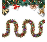 Christmas Garland with Lights,16.4FT/5M Christmas Fireplace Garland Decorations with Lights,Flower and Ball for Fireplace Stairs Wall Door Xmas Tree Front Door Yard Holiday Decor(No battery) (1PCS)