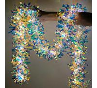 Christmas Garland with Lights, 16.4FT Iridescent Tinsel Garlands Battery Operated & USB, Shiny Foil Garland Christmas Decor, Garland for Staircase Indoor Outdoor Birthday Holiday Parties Supplies