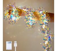 Christmas Garland with Lights, 16.4FT Iridescent Tinsel Garlands Battery Operated & USB, Shiny Foil New Year Decorations, Garland for Birthday Holiday New Years Eve Party Supplies Hanging Home Decor