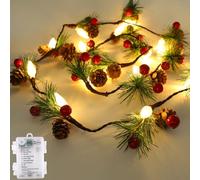 Christmas Garland with Lights,7FT Pinecones Christmas String Lights with Red Berries,Needles,20Led C6 Christmas Lights Battery Operated Prelit Garland for Xmas Decorations Indoor Outdoor