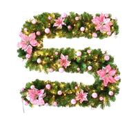 Christmas Garland With Lights - 9ft Christmas Flower Garland,Norfolk Pine Garland With Flower,Christmas Garlands Norfolk Pine With Lights,Christmas Garlands For Home Decoration With Lights, Pink