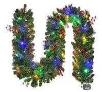 Christmas Garland With Lights 9FT, Lighted Christmas Garland Battery Powered 8 Lighting Modes, 50 LED Lights Garland, Red Berry, Christmas Pine Cone, for Stairs, Front Door, Christmas Decor