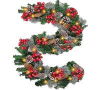 Christmas Garland with Lights 9ft, Prelit Christmas Garland with 50 Colorful/Warm White Light LED Lights, 32 Red Berries, 15 Pine Cones and 260 Branches, Artificial Christmas Prelit Garland for Stairs
