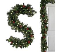 Christmas Garland with Lights, Artificial Pine Garland - 5.9 Feet Thick, Battery Operated 2 Lighting Modes, Christmas Red Berry Garland with Lights, Decorations for Mantle, Fireplace, T