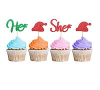 Christmas Gender Reveal Cupcake Toppers, Santa Baby Cupcake Toppers for Gender Reveal Party, Christmas He or She Cupcake Picks, Oh Baby Cake Decorations for 1st Birthday Party - Green&Red Glitter
