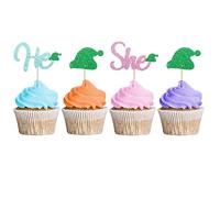 Christmas Gender Reveal Cupcake Toppers, Santa Baby Cupcake Toppers for Gender Reveal Party, Christmas He or She Cupcake Picks, Oh Baby Cake Decorations for 1st Birthday Party - Blue&Pink Glitter