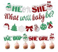 Christmas Gender Reveal Decorations He or She What Will Baby Be Banner Boy or Girl Cupcake Toppers for Winter Xmas Gender Reveal Baby Shower Party Supplies