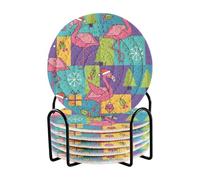 Christmas Geometric Flamingos and Holiday Icons 6 Pack Aesthetic Drink Coasters with Holder for Various Cups, Bar Minimalist Home Decor