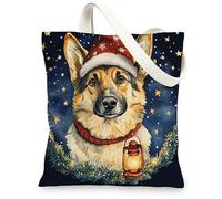 Christmas German Shepherd Dog Canvas Tote Bag for Shopping 13 * 15, Cute Xmas Stars Reusable Grocery Bag for Women, Pet Work Travel Painting Gift Decor