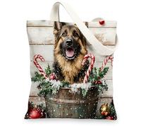 Christmas German Shepherd Dog Canvas Tote Bag for Shopping 13 * 15, Cute Xmas Wood Reusable Grocery Bag for Women, Pet Work Travel Painting Gift Decor