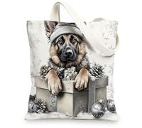 Christmas German Shepherd Dog Canvas Tote Bag for Shopping 13 * 15, Luxury Xmas Gifts Reusable Grocery Shoulder Cloth Bag for Women, Pet Painting Gift Decor