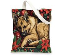 Christmas German Shepherd Dog Canvas Tote Bag for Shopping 13 * 15, Vintage Xmas Poinsettia Puppy Reusable Grocery Bag for Women, Fun Retro Aesthetic Painting Gift Decoration