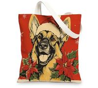 Christmas German Shepherd Dog Canvas Tote Bag for Shopping 13 * 15, Xmas Poinsettia Reusable Grocery Shoulder Cloth Bag for Women, Pet Painting Gift Decoration
