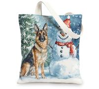 Christmas German Shepherd Dog Canvas Tote Bag for Shopping 13 * 15, Xmas Snowmen Tree Reusable Grocery Bag for Women, Pet Work Travel Painting Gift Decor