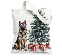 Christmas German Shepherd Dog Canvas Tote Bag for Shopping 13 * 15, Xmas Tree Gifts Reusable Grocery Bag for Women, Pet Work Travel Painting Gift Decor