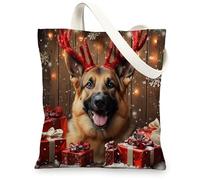 Christmas German Shepherd Dog Canvas Tote Bag for Shopping 13x15, Fun Rustic Xmas Gifts Puppy Reusable Grocery Print Bag for Women, Holiday Pet Aesthetic Painting Gift Decor