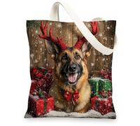 Christmas German Shepherd Dog Canvas Tote Bag for Shopping 13x15, Fun Rustic Xmas Gifts Puppy Reusable Grocery Print Bag for Women, Holiday Pet Aesthetic Painting Gift Decoration