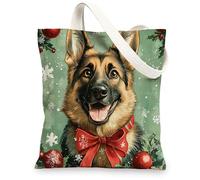 Christmas German Shepherd Dog Canvas Tote Bag for Shopping 13x15, Fun Xmas Holly Puppy Reusable Grocery Print Bag for Women, Holiday Pet Aesthetic Painting Gift Decor