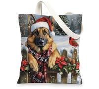 Christmas German Shepherd Dog Canvas Tote Bag for Shopping 13x15, Xmas Farmhouse Cardinal Puppy Reusable Grocery Print Bag for Women Men, Holiday Pet Aesthetic Painting Gift Decor