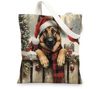 Christmas German Shepherd Dog Canvas Tote Bag for Shopping 13x15, Xmas Farmhouse Cardinal Puppy Reusable Grocery Print Bag for Women, Holiday Pet Beach Aesthetic Painting Gift Decor