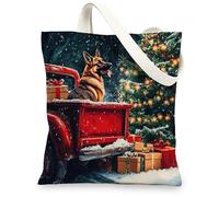 Christmas German Shepherd Dog Canvas Tote Bag for Shopping 13x15, Xmas Tree Truck Puppy Reusable Grocery Print Pattern Bag for Women Men, Holiday Fun Aesthetic Painting Gift Decor