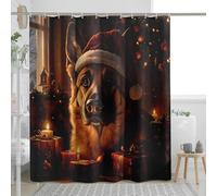 Christmas German Shepherd Shower Curtain, Black and Tan Dog Decor for Bathroom Xmas Decoration, Holiday Waterproof Fabric Shower Curtain Set with Hooks 62x72 Inch
