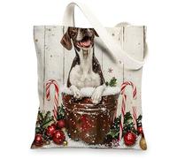 Christmas German Shorthaired Pointer Canvas Tote Bag for Shopping 13 * 15, Cute Wood Reusable Grocery Bag for Women, Dog Work Travel Painting Gift Decor