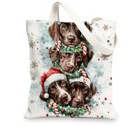 Christmas German Shorthaired Pointer Canvas Tote Bag for Shopping 13 * 15, Xmas Fun Watercolor Reusable Grocery Bag for Women, Dog Travel Pattern Gift Decoration