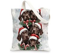 Christmas German Shorthaired Pointer Canvas Tote Bag for Shopping 13 * 15, Xmas Fun Watercolor Reusable Grocery Bag for Women, Dog Travel Painting Gift Decoration