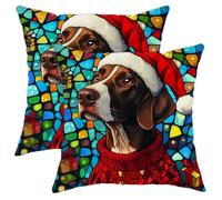 Christmas German Shorthaired Pointer Dog Throw Pillow Covers 14x14 Set of 2, Soft Stained Glass Winter Puppy Print Pillow Cases Kit with Zipper, Pet Decoration for Couch Sofa Room