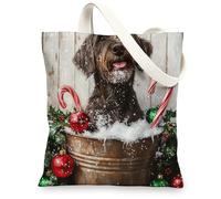 Christmas German Wirehaired Pointer Canvas Tote Bag for Shopping 13 * 15, Cute Wood Reusable Grocery Bag for Women, Dog Work Travel Painting Gift Decor