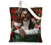 Christmas German Wirehaired Pointer Canvas Tote Bag for Shopping 13 * 15, Farmhouse Plaid Reusable Grocery Bag for Women, Dog Work Travel Pattern Gift Decor