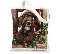 Christmas German Wirehaired Pointer Canvas Tote Bag for Shopping 13 * 15, Funny Windows Reusable Grocery Bag for Women, Dog Work Travel Pattern Gift Decor