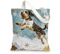 Christmas German Wirehaired Pointer Canvas Tote Bag for Shopping 13 * 15, Luxury Snowflakes Reusable Grocery Bag for Women, Dog Travel Pattern Gift Decoration