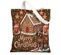 Christmas German Wirehaired Pointer Dog Canvas Tote Bag for Shopping 13 * 15, Festive Candy House Reusable Grocery Shoulder Bag for Women, Xmas Painting Gift Decor