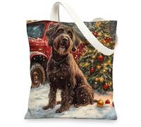 Christmas German Wirehaired Pointer Dog Canvas Tote Bag for Shopping 13x15, Winter Xmas Truck Puppy Reusable Grocery Print Pattern Bag for Women Men, New Year Aesthetic Painting Gift Decor