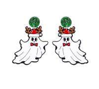 Christmas Ghost Drop Dangle Earrings - Acrylic Double Faced Whimsical Halloween BOO Holiday Festive Party Costume Accessory Cute Oranement Dangling Studs Earring Novelty Xmas Jewelry for Women Friends