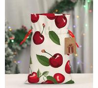 Christmas Gift Bag Red Cherry Pattern Drawstring Christmas Burlap Bag with Tag and Tie Medium Christmas Bags for Gifts Reusable Bag for Party Favors