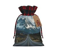 Christmas Gift Bag with Tags Xmas Gift Wrapping Bags Reusable Drawstring Bags Dark road to mountains Xmas Santa Sack Christmas Party Favor Pouch Small Goody Bag for Holiday Supplies Medium