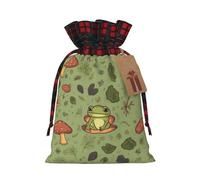 Christmas Gift Bag with Tags Xmas Gift Wrapping Bags Reusable Drawstring Bags Frogs and mushrooms Xmas Santa Sack Christmas Party Favor Pouch Small Goody Bag for Holiday Supplies Small