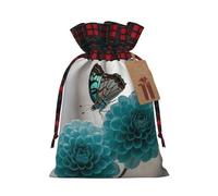 Christmas Gift Bag with Tags Xmas Gift Wrapping Bags Reusable Drawstring Bags Gray Teal Flower Butterfly Xmas Santa Sack Christmas Party Favor Pouch Small Goody Bag for Holiday Supplies Medium