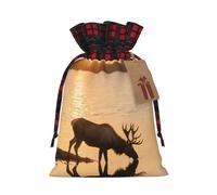 Christmas Gift Bag with Tags Xmas Gift Wrapping Bags Reusable Drawstring Bags Landscape Moose in the River Xmas Santa Sack Christmas Party Favor Pouch Small Goody Bag for Holiday Supplies Medium